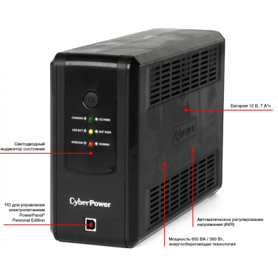 Источник бесперебойного питания CyberPower UT650EG (650ВА, 360Вт, линейно-интерактивный, RJ11/45, 3x