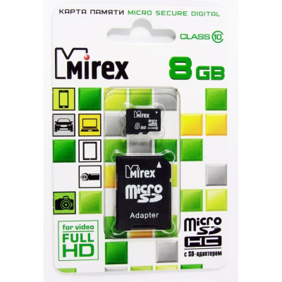 Карта памяти microSD 8Gb Mirex Class 10 + адаптер