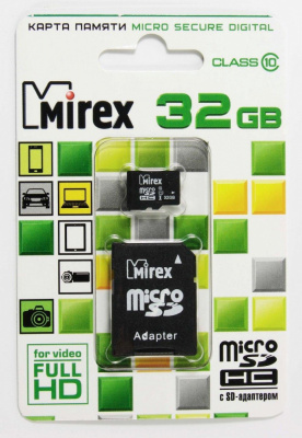 Карта памяти microSD 32Gb Mirex Class 10 UHS-I + адаптер