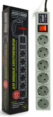 Сетевой фильтр Power Cube 3м, 6 розеток, (серый) 15А/3,3кВт