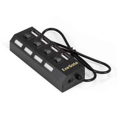 USB-Hub ExeGate DUB-42SW 4xUSB2.0, кнопки включения/отключения для каждого порта, черный